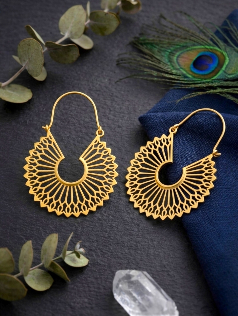 Artisanal 100% Brass Fan Shape Hoop Earrings Gold Filigree Celestial Witchy Boho